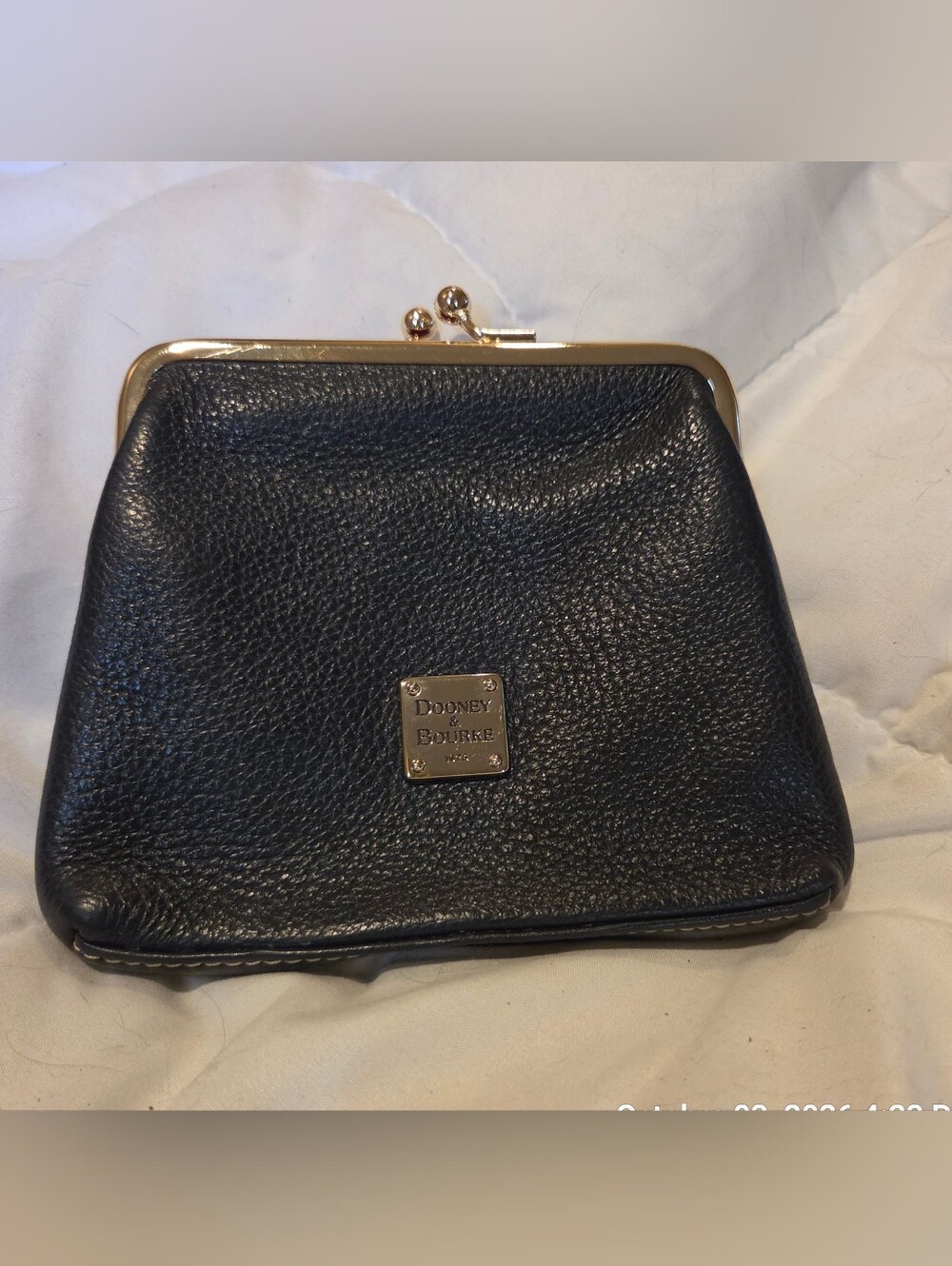Dooney & Bourke Black Pebbled Leather Kiss-Lock Coin Wallet with Gold Hardware